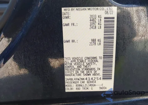 2022 Nissan Altima Platinum Intelligent Awd z USA, uszkodzony, nr VIN 1N4BL4FW2NN414254